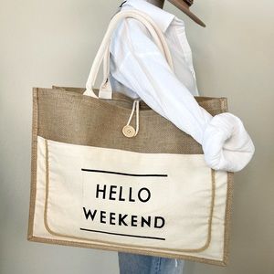 NWT Hello Weekend Burlap Tote Bag